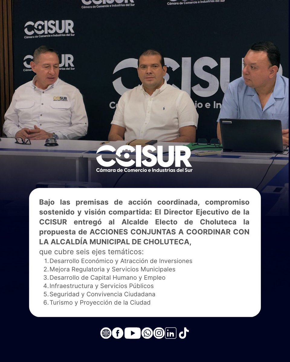 Bajo las premisas de acción coordinada, compromiso sostenido y visión compartida: El Director Ejecutivo de la CCISUR entregó al Alcalde Electo de Choluteca la propuesta de ACCIONES CONJUNTAS A COORDINAR CON LA ALCALDÍA MUNICIPAL DE CHOLUTECA.