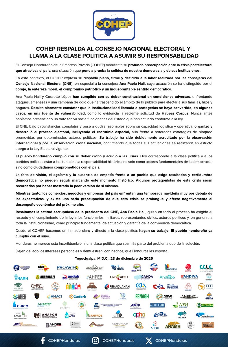 #ComuicadoCOHEP: Respaldo al CNE y llamado a la responsabilidad politica. 🇭🇳⚖️