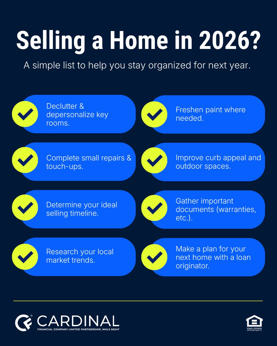 Selling a home in 2026? Start preparing now. Declutter, handle small repairs, organize documents, and plan your next move early to help reduce last-minute stress.

#CardinalFinancial #HomeSelling #RealEstateTips #HomePrep #MoveSmart #CardinalFinancial #EqualHousingOpportunity