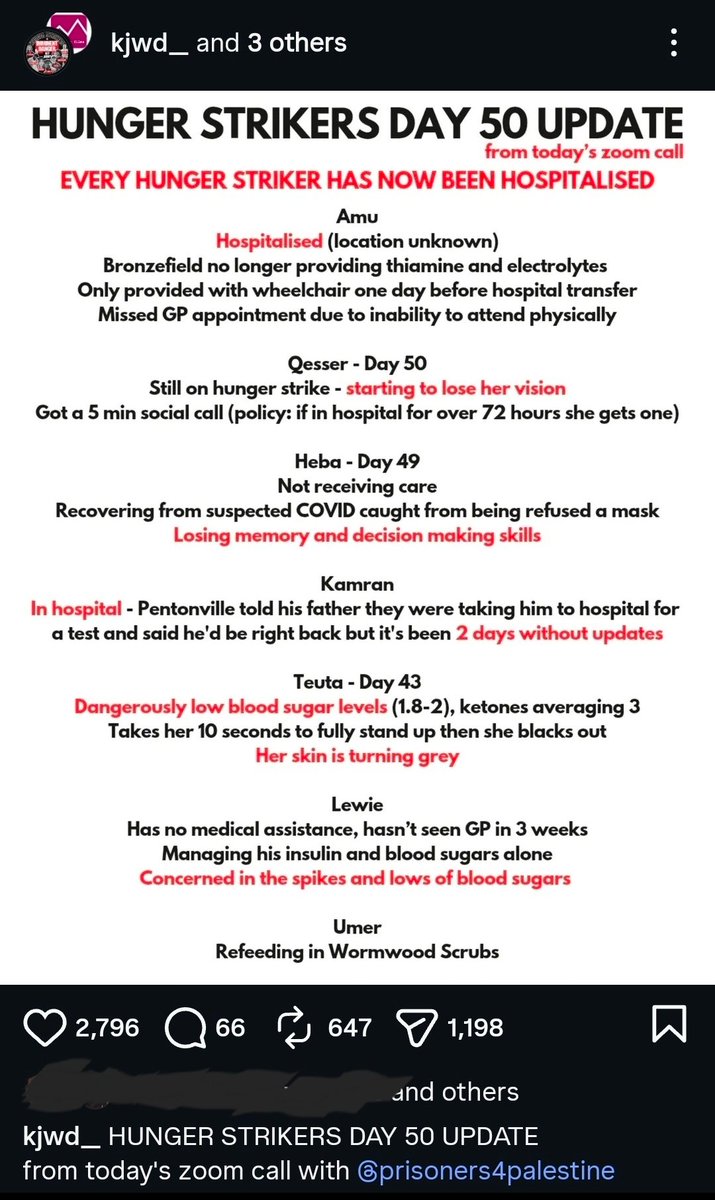 update on hunger strikers from 2 days ago. Qesser is starting to lose her vision, Heba losing memory, Teuta's skin is turning grey and is experiencing black outs. Amu is hospitalized, Kamran hospitalized w/ no updates. very dire circumstances.