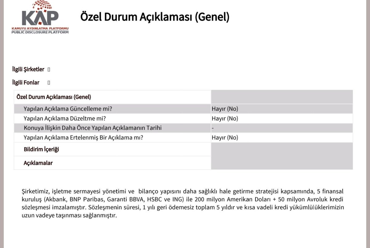 ideolocya_'s tweet image. #kords 200 milyon Usd + 50 milyon Euro kredi sözleşmesi imzalamış 1 yılı geri ödemesiz toplam süre 5 yıl...Bu arada şirketin değeri 220 milyon usd....

 Kısa vadeli borçlarıysa şirketin 19.1 milyar tlydi......Bu borçlanmayla kasaya 11 milyar tl gibi bir para girecek...  Bedelli