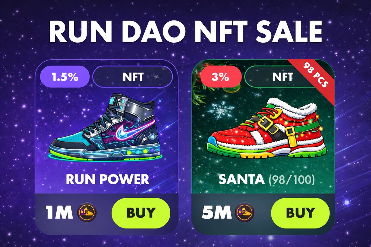 $RUN DAO UPDATE

RUN DAO top-ups are now LIVE ✅
t.me/Sneakers_Go_Bot
🧩 NFTs available:
• RUN Power NFT — 1,000,000 RUN DAO · 1.5% daily
• Santa NFT 🎅 — 5,000,000 RUN DAO · 3% daily · 100 supply

📉 Lower yields = long-term sustainability.
All tokens are in community