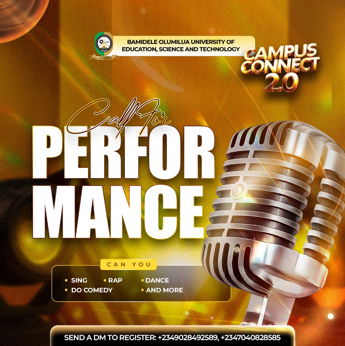 campusconnect02's tweet photo. 🎤 CALL FOR PERFORMANCE – CAMPUS CONNECT 2.0

Got talent? Show it on the big stage 🔥
Sing, rap, dance, comedy &amp; more.

📩 DM to register:
+234 902 849 2589 | +234 704 082 8585

CONNECT HERE… CONNECT THERE https://t.co/p9HZx7W5DP
