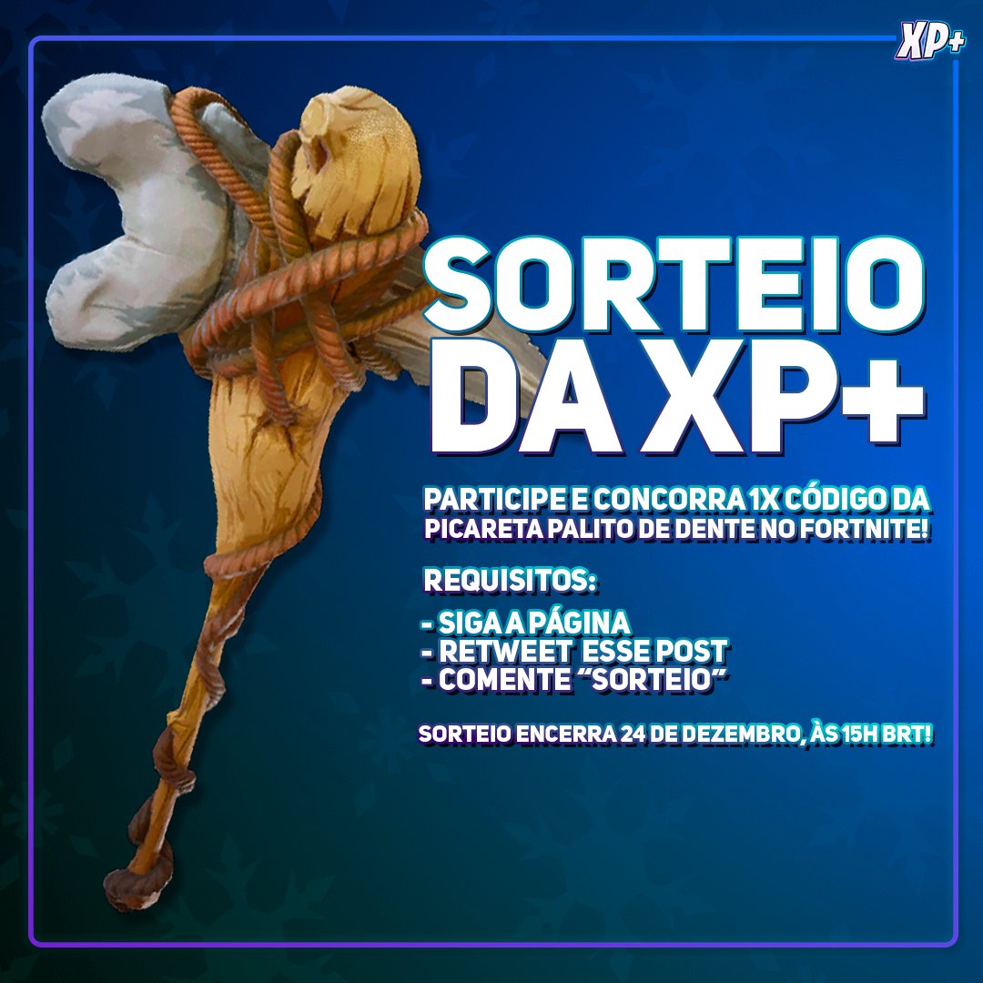 XPcomunidade's tweet image. ⚡ SORTEIO RELÂMPAGO PASSANDO!

Participe desse sorteio e concorra a 1x Código da picareta "Palito de Dente" no Fortnite! ⛏️🦷

Requisitos:
✅ Siga a página
🔁 Retweet o post 
🗨️ Comente "Sorteio" 

O sorteio encerra em 24 de dezembro, às 15h BRT, e o resultado sai um tempo…