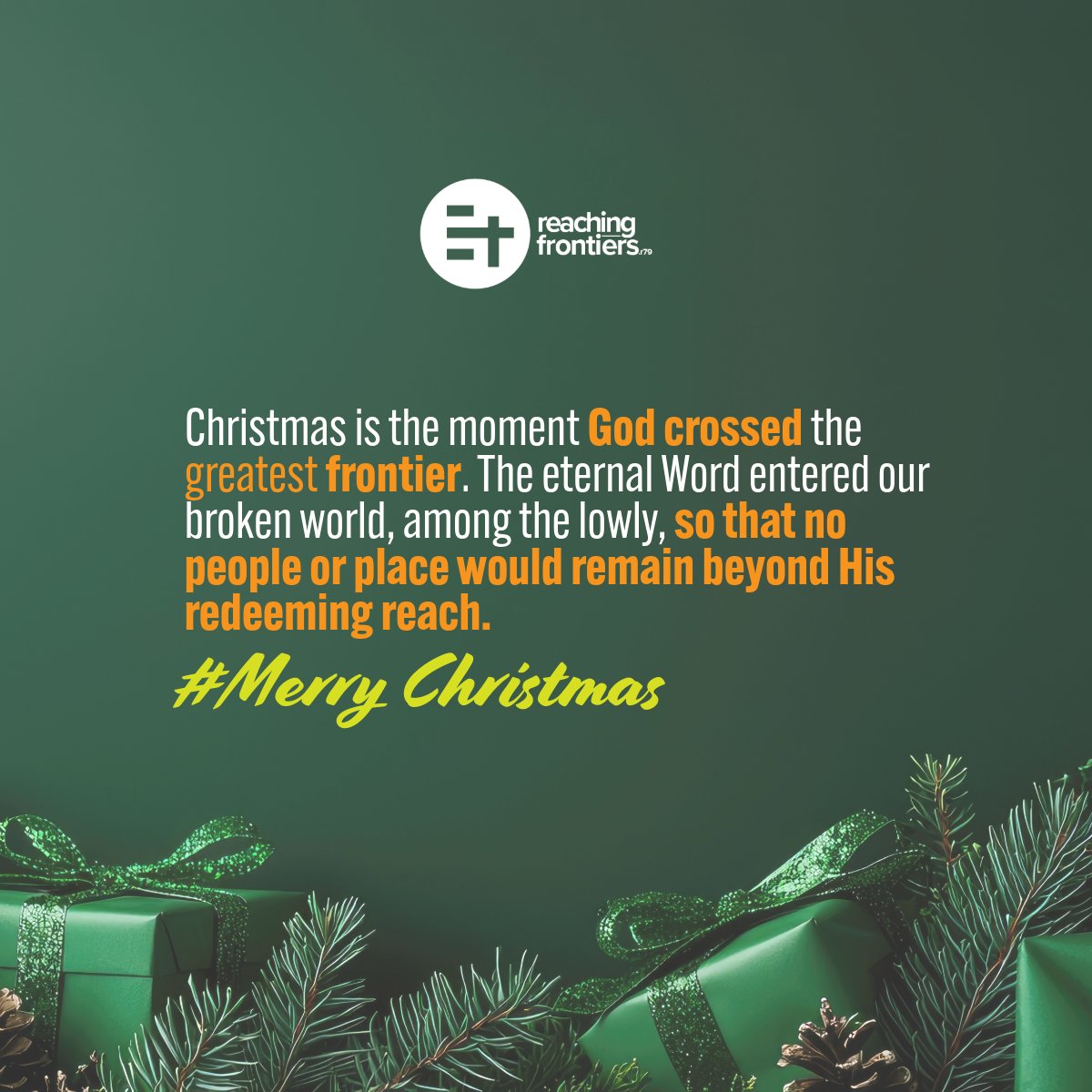 Reachingfrontie's tweet photo. Reaching Frontiers wishes you a joyful and Christ-centered Christmas. We celebrate the God who came near, bringing good news of great joy for all people. #Luke 2:1–21 #reachingfrontiers https://t.co/XO3r4kqH7Q