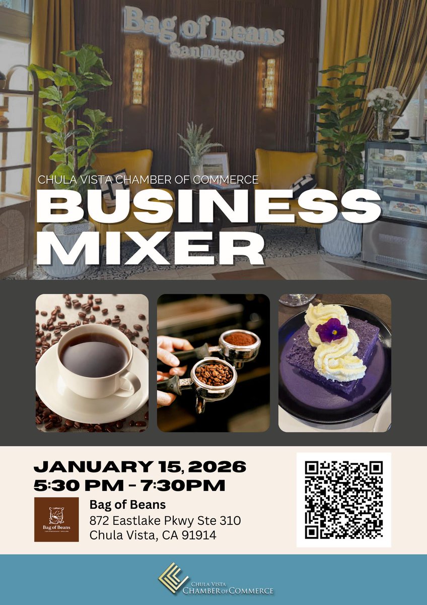 chambercv's tweet image. Bag of Beans | 872 Eastlake Pkwy Ste 310, Chula Vista
Bring your business cards and your appetite—we can’t wait to see you there! 🤝☕️
#ChulaVistaChamber #BusinessMixer #Networking #SupportLocal #BagOfBeansSD
