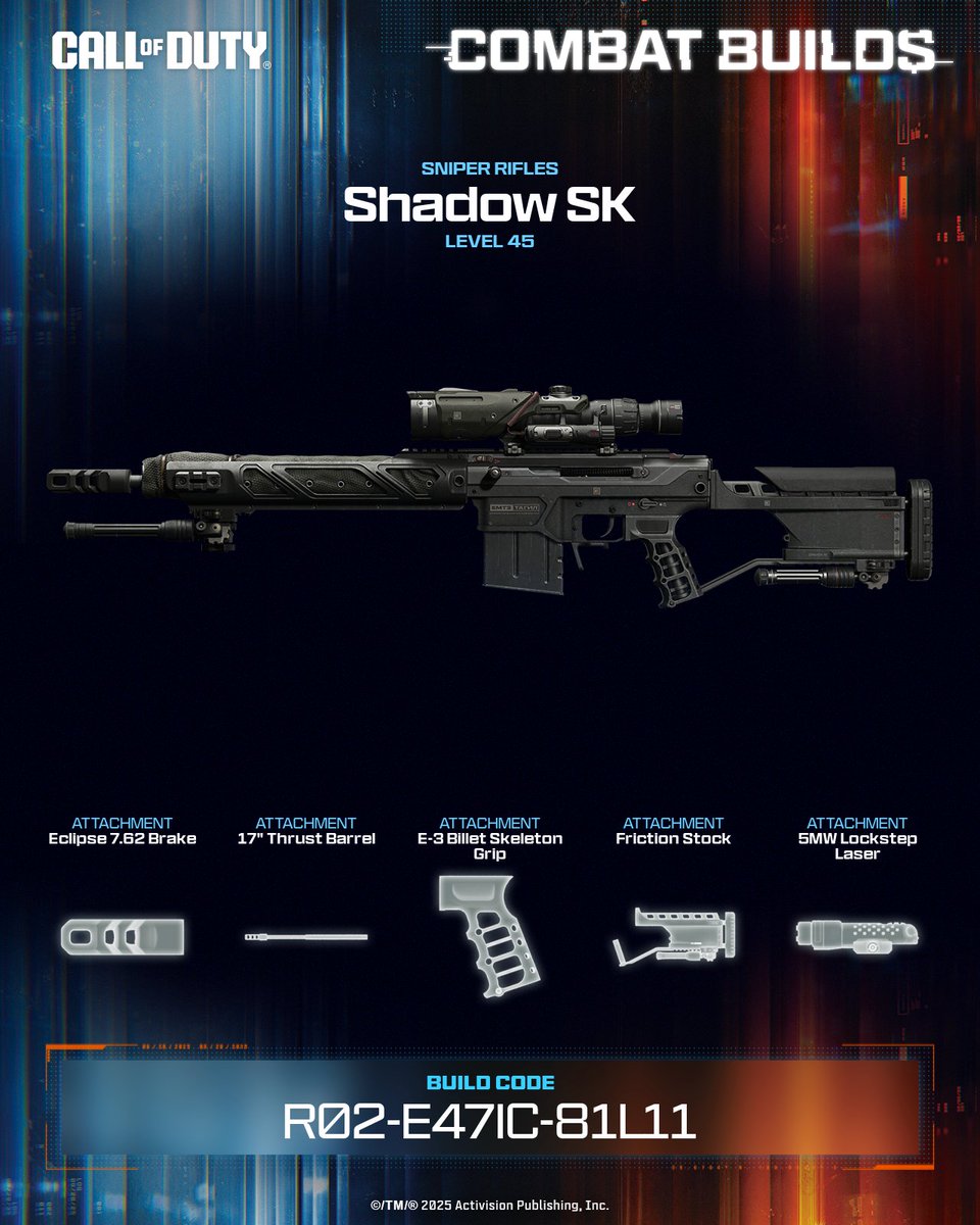 Carlo_b10's tweet photo. Blink and you missed it. The Shadow SK Sniper is built for that clean scope-up, fast-shot feel with smoothed-out recoil for when you need to hit the follow-up 🎯

💥 Equip this build now ➡️ R02-E47IC-81L11 #CallOfDuty #CODCombatBuilds https://t.co/2CQoLJNIBB
