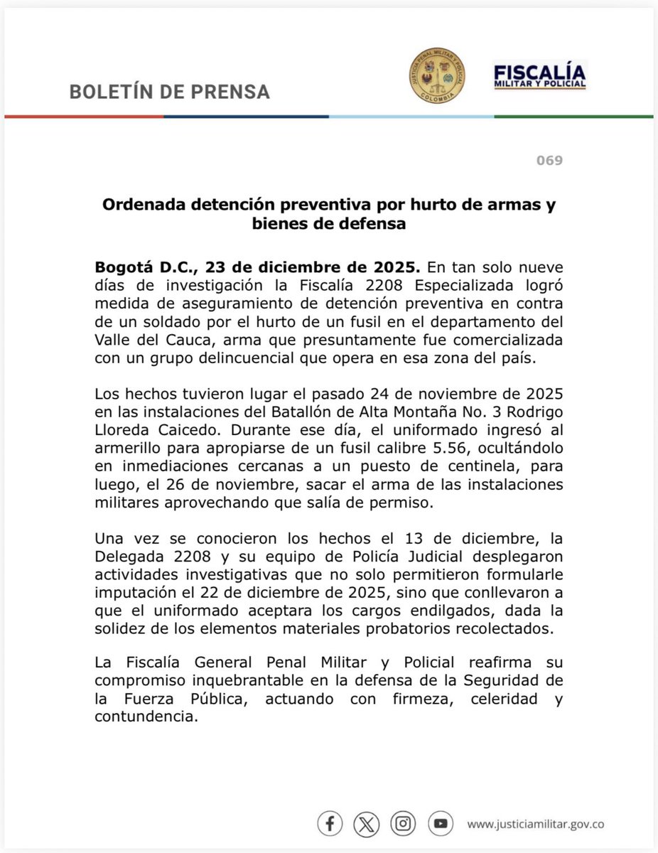 Ordenada detención preventiva por hurto de armas y bienes de defensa.
