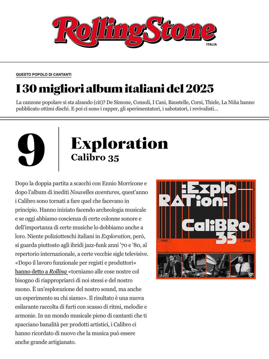 Calibro35's tweet image. “Exploration” è nella Top Ten dei migliori album Italiani del 2025 per @RollingStoneita