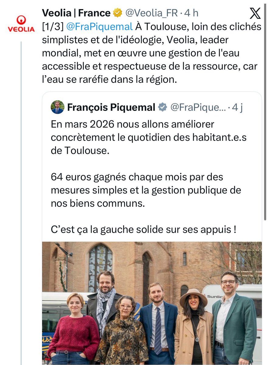Véolia se permet d’interférer dans la campagne municipale toulousaine. 

Oui en nous allons dès que possible remettre l’eau en gestion publique. 

Oui en 2026 c’est fini l’impunité pour certains sur le dos des toulousains. 

Je serai le maire qui protège face à la privatisation.