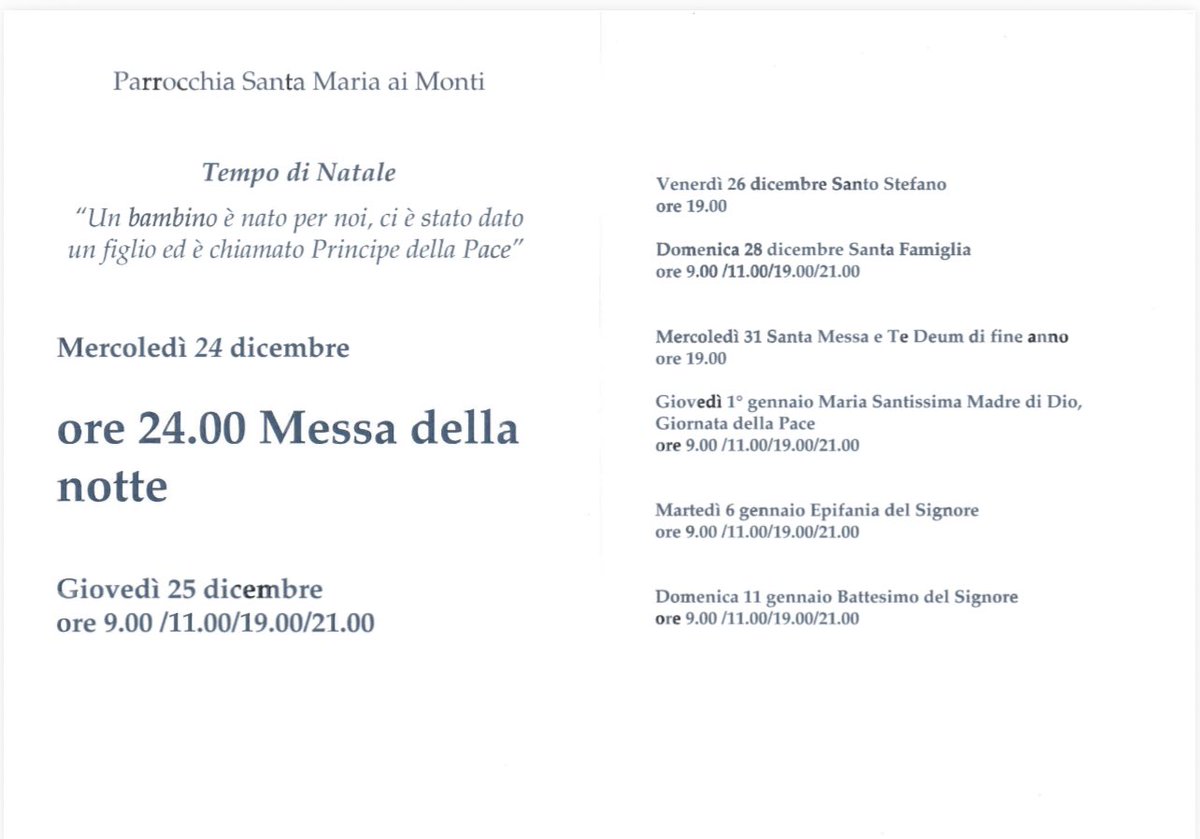 Orari delle Messe dei prossimi giorni nel tempo di #Natale della parrocchia #SantaMariaaiMonti ⁦<a href="/diocesidiroma/">Diocesi di Roma</a>⁩