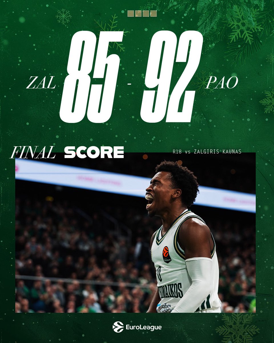 SANTA CAME EARLY! 💚

Final Score ☘️

<a href="/bczalgiris/">BC Zalgiris Kaunas</a> - #paobcaktor 85-92

#WeTheGreens #paobcaktor #Club1908