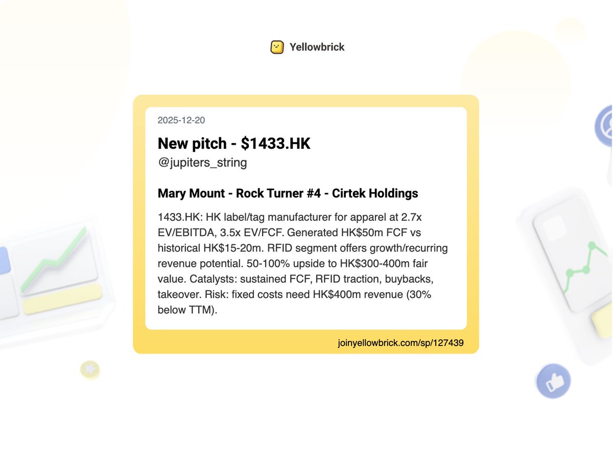joinyellowbrick's tweet image. Added 64 new stock write-ups to the site (pt 2):
@MrSchmidt20 - $HRBR (special sit overview)
@jupiters_string - $1433.HK
@DGenchev - $PL (overview)
@West4thCapital - $SN (trimmed)
@elpistollero_ - $VUZI