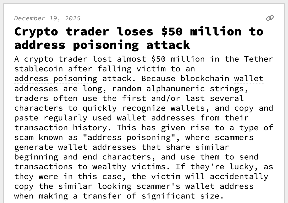 Crypto trader loses $50 million to address poisoning attack December 19,  2025