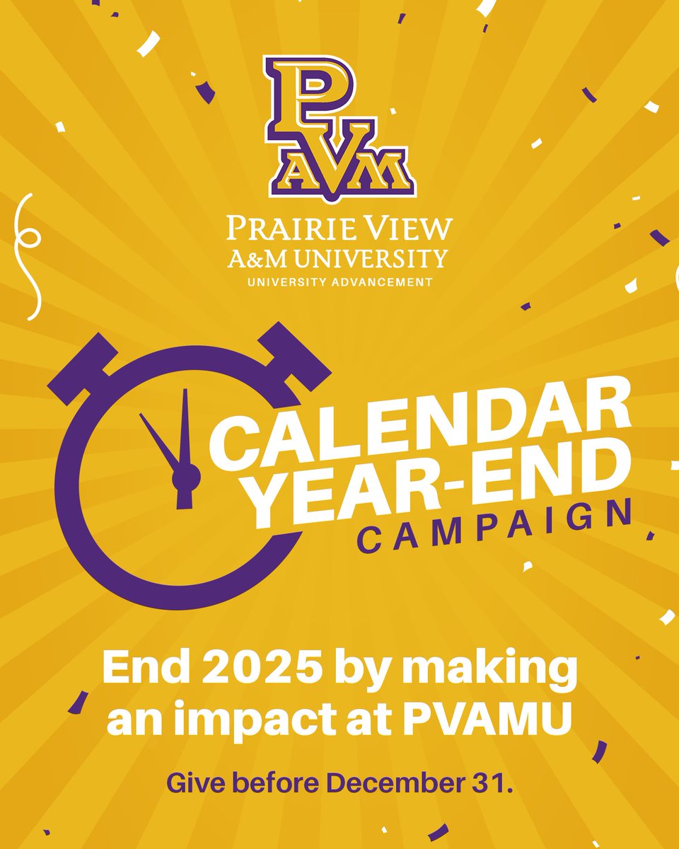 PVAMU's tweet image. The countdown is on, Panther Nation!
There’s still time to make your Calendar Year-End gift and support the students, colleges, and programs that make PVAMU exceptional.

Give today and end 2025 with purpose, pride, and Panther impact!
bit.ly/3MUzMzZ

#PVAMU