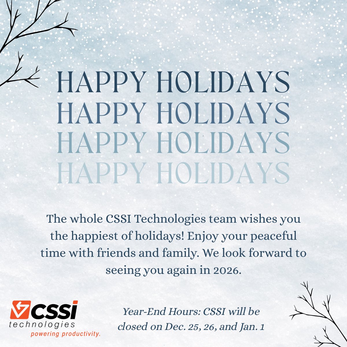 Wishing you happy holidays and a joyous Christmas season from all of us at CSSI!