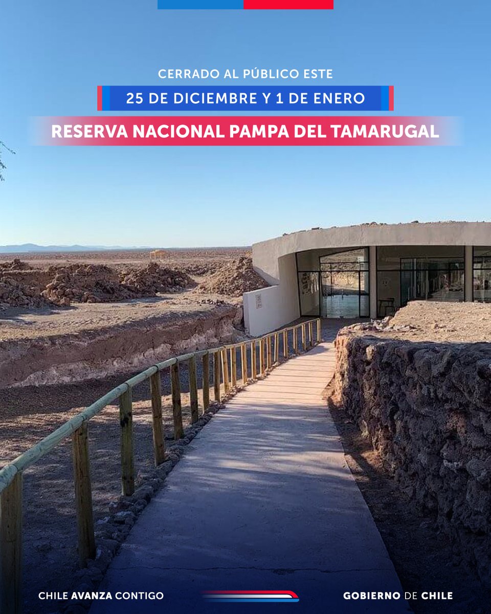 ⛔️ #IMPORTANTE | Este jueves 25 de diciembre y el 1 de enero de 2026 se encontrará cerrada al público la Reserva Nacional #PampadelTamarugal 🌿

✅ Recuerda visitar la web pasesparques.cl para adquirir tus entradas 📲pasesparques.cl/es/parks/pampa…