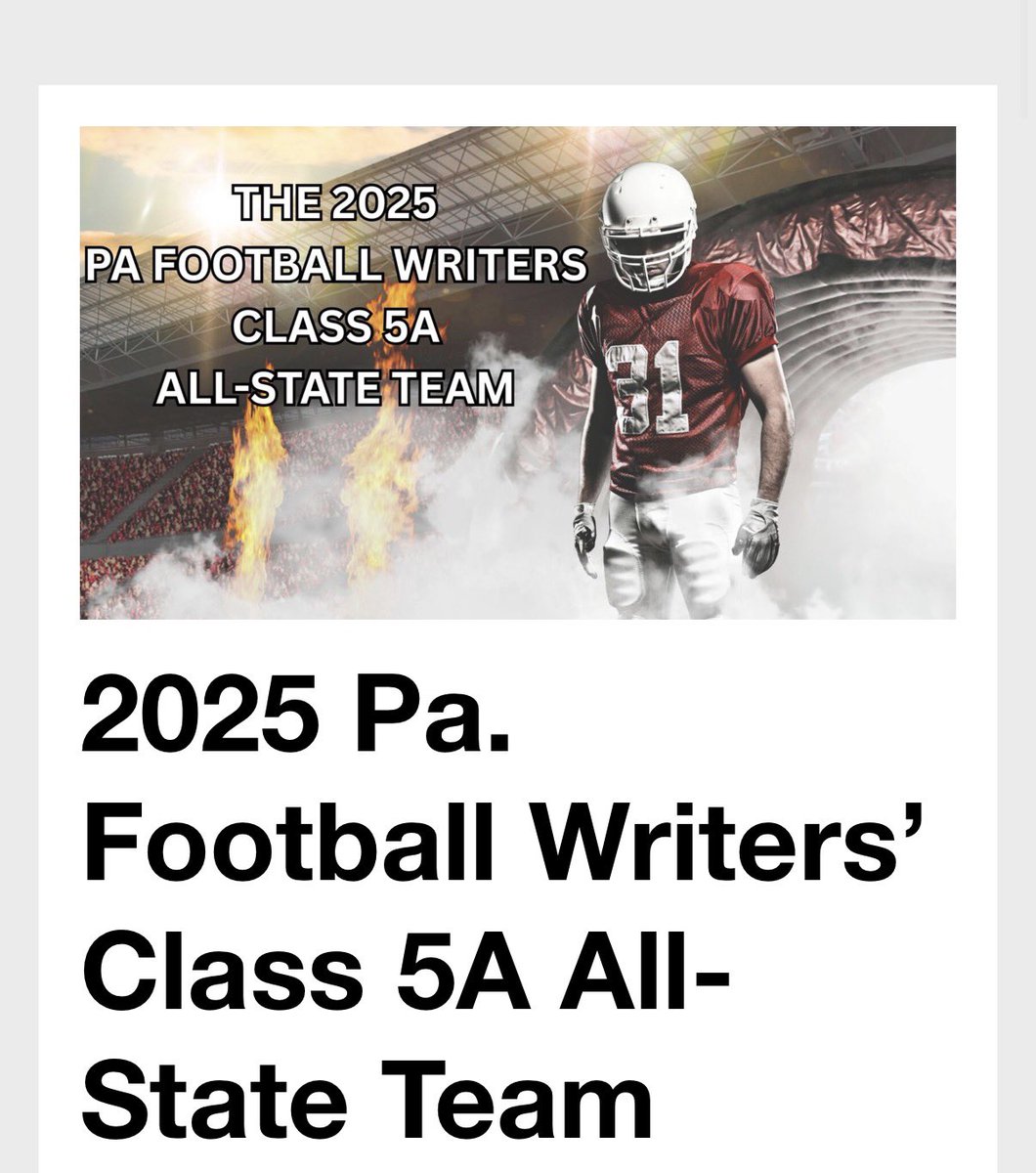 Blessed to announce i’ve been selected to the PA 5A all state team!! All glory to God! <a href="/golden_mules/">GoldenMuleAthletics</a> <a href="/SolancoSchlDist/">Solanco School District</a> <a href="/PaFootballNews/">Pennsylvania Football News</a> <a href="/EPAFootball/">EasternPAFootball</a> <a href="/EdOBrienCFB/">EdOBrienCFB</a> <a href="/PRZVicCastillo/">VicCastilloPRZ</a> <a href="/Coach_Ditti/">John Venditti</a> <a href="/MCBDCLB/">Michael Burket</a> <a href="/PSteel78/">Coach Conrad</a> <a href="/DarrylPollard4k/">Darryl</a> <a href="/coachfiegener/">Coach Ross Fiegener</a> <a href="/CoachWaring/">Mike Waring</a> <a href="/coachevansfb/">Chris Evans</a>