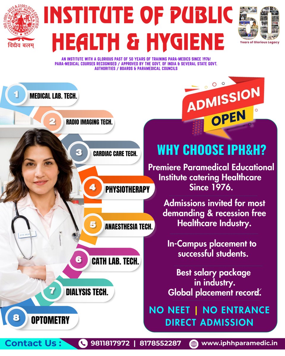 IPHHDELHI's tweet image. Admissions Open for B. Sc. &amp;amp; M. Sc. Programs at IPH&amp;amp;H! 🎓🏥
Join the Leaders in Healthcare Education!
 100% Job Guarantee! Secure Your Future Today!
📞 9811817972 | 8178552287
🌐 iphhparamedic.in

#IPHHAdmissions2025 #collegeadmissions #HealthcareEducation