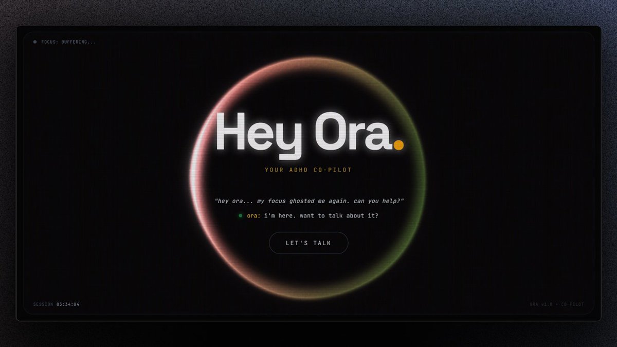 artoftank's tweet photo. Most apps track behavior.
HeyOra is for the foggy, racing, and burnt out days.

It's designed to be an AI copilot for ADHD, built around calm UI, science informed resets and zero guilt mechanics. 

Built with @YouWareAI

Live → https://t.co/LwlXjiuyF3

#YouWareChallenge https://t.co/EBijggYvo0