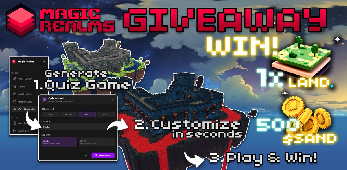 FINAL CALL! The #MagicRealms Giveaway ends TONIGHT at Midnight PST.

Want to win 1x LAND or share the 500 $SAND pool? You still have time!

1️⃣Generate a Quiz Game in Magic Realms⚡️ 
2️⃣Customize with new Blocks 🎨 
 3⃣ Export to <a href="/TheSandboxGame/">The Sandbox</a> 📤