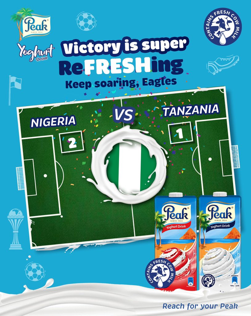 A reFRESSHing score at 2-1!
Let’s raise a glass of Peak Yoghurt Drink as we get ready to celebrate more wins. 

Congratulations Super Eagles 🦅

#PeakYoghurt #PeakYoghurtAFCON2025 #RefreshRealPassion