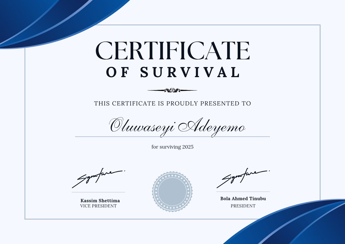 9jastreetpharmm's tweet image. Just in case you want your own certificate, kindly drop your own name so I can ask Presido to make yours✌✌✌✌

#ISurvived
#SeeYouIn2026
#2025