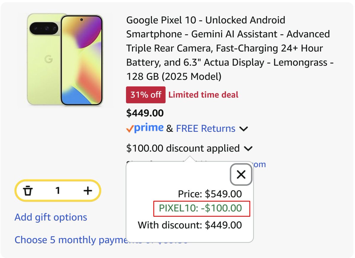 Pricerrors's tweet photo. LOWEST PRICE EVER ON GOOGLE PIXEL 10?

Currently $449 when you hit Redeem Coupon on Page 

Best Buy and other retailers have it for $600 starting

Good way to save $150 if looking. Can choose other colors for little more price

https://t.co/N6AH73BrUT https://t.co/czXXou9Byv