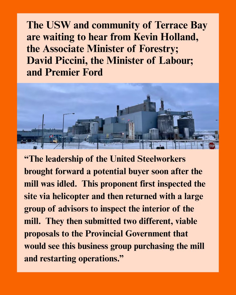 It’s time for the Ford Government and Minister Holland to step up and engage with the proponents interested in taking over the Terrace Bay Mill and make a decision.

#ONpoli