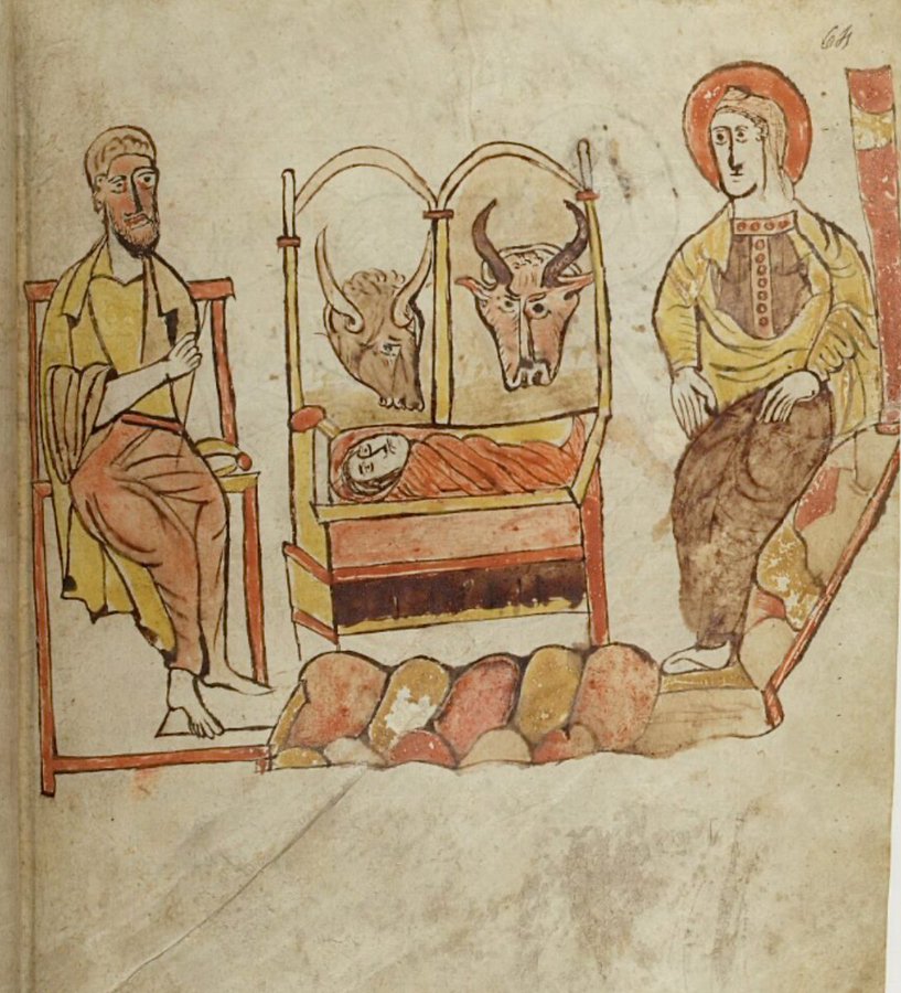 A nativity scene with something of the Far Side about it
#Nativity 
BnF MS Latin 9386; Evangelia quattuor (the Chartres Gospels); 9th c. (second half?); West of France (Brittany/ Loire?); f.64r <a href="/GallicaBnF/">Gallica BnF</a>