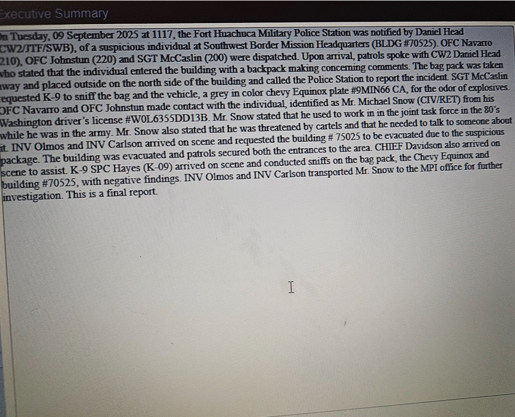 RealCandaceO's tweet image. 🚨Fort Huachuca Confirmed🚨

Find your favorite podcaster who joined the psychological operation to convince you Mitch was lying about having been at Fort Huachuca on 9/9 because I have just received the incident report. 
Remember: Mitch said he was at first taken outside by…