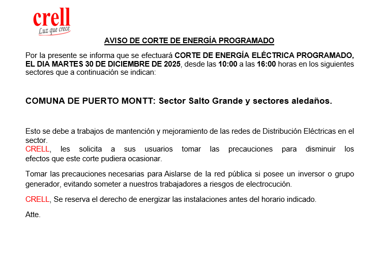 Corte programado para el día martes 30/12/2025, en la comuna de Puerto Montt.