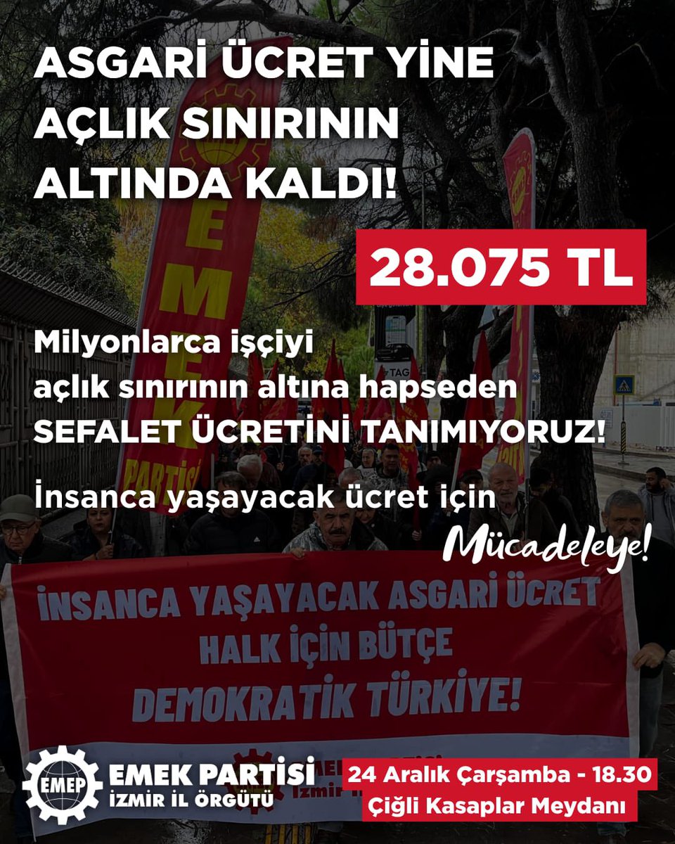 Milyonlarca işçiyi açlık sınırının altına hapseden sefalet ücretini tanımıyoruz! İnsanca yaşayacak ücret için mücadeleye!

🗓️ 24 Aralık Çarşamba 
⏰ 18.30
📍 Çiğli Kasaplar Meydanı