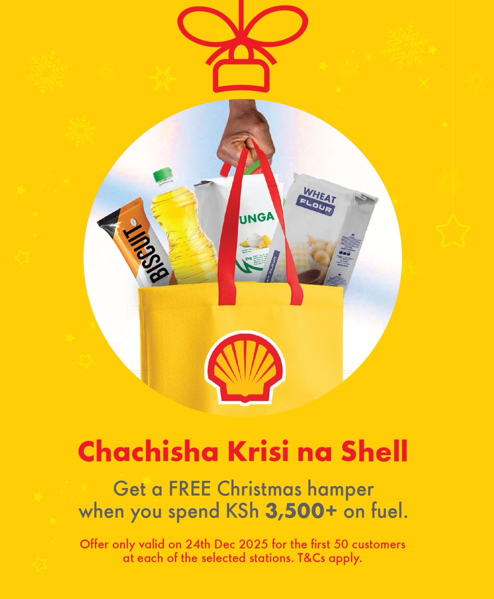 Kass_FMOfficial's tweet photo. Chachisha Krisi na Shell

Get a FREE Christmas hamper when you spend Ksh 3,500+ on fuel

Offer only valid on 24th Dec 2025 for the first 50 customers at each of the selected stations.
T&amp;Cs apply.

#ShellKenya #FuelYourDrive #KassFM https://t.co/s48249V3qq