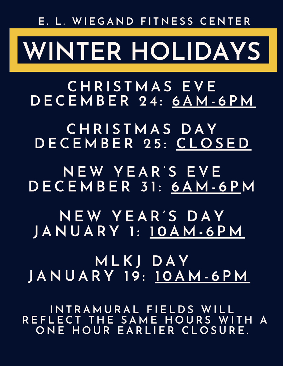 UNevadaStrong's tweet photo. Please note the following closures and adjusted hours:
Christmas Eve: 6am-6pm
Christmas Day: Closed
New Year's Eve: 6am-6pm
New Year's Day: 10am-6pm
MLKJ Day: 10am-6pm
Fields and Lombardi Pool will have the same hours as above but the fields will have a one hour earlier closure. https://t.co/XRIJ5Byq3e
