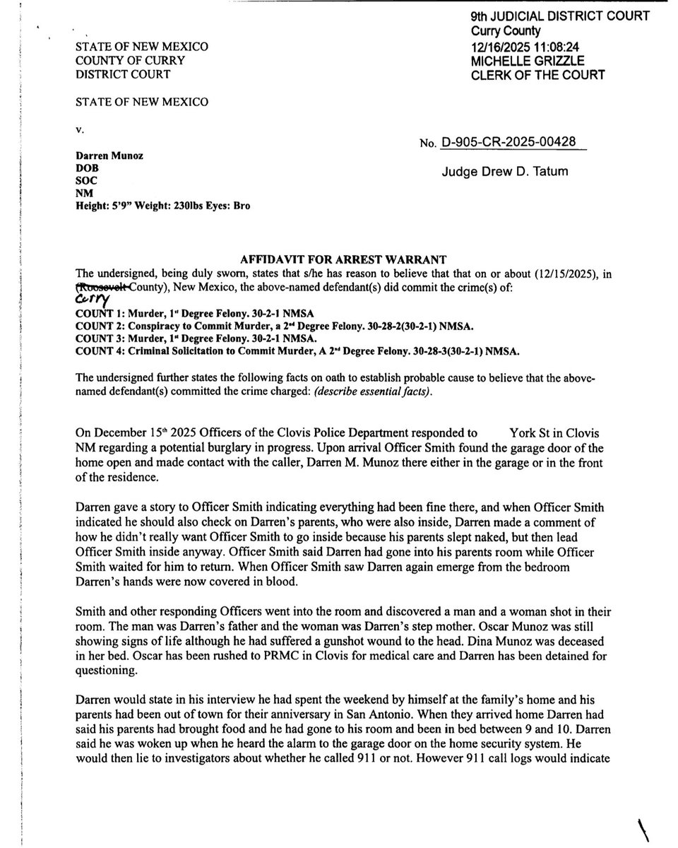 TrueCrimeFeline's tweet photo. 💥𝗗𝗢𝗖𝗨𝗠𝗘𝗡𝗧𝗦💥
#Parricide #Murder #OscarSteveMunoz
#Clovis #NewMexico #DinahMunoz #SteveMunoz
@truecrimegisela #DarrenMunoz #JulioZamora
📄 AFFIDAVITS FOR ARREST
▪️Murder
▪️Conspiracy to Commit Murder
#GrizzlyTrueCrime
Link to Full Documents ⬇️
https://t.co/wE1UCR8NPI https://t.co/Jo10uCKUR6