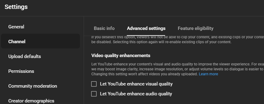 YT quietly enabled new “AI Enhancements” that change your video &amp; audio w/o asking. If you want full control over your content, check Channel > Advanced Settings &amp; make sure it’s off. Creators deserve transparency.
#YouTubeStudio #AIEnhancements <a href="/TeamYouTube/">TeamYouTube</a> <a href="/YouTubeCreators/">YouTube Creators</a>