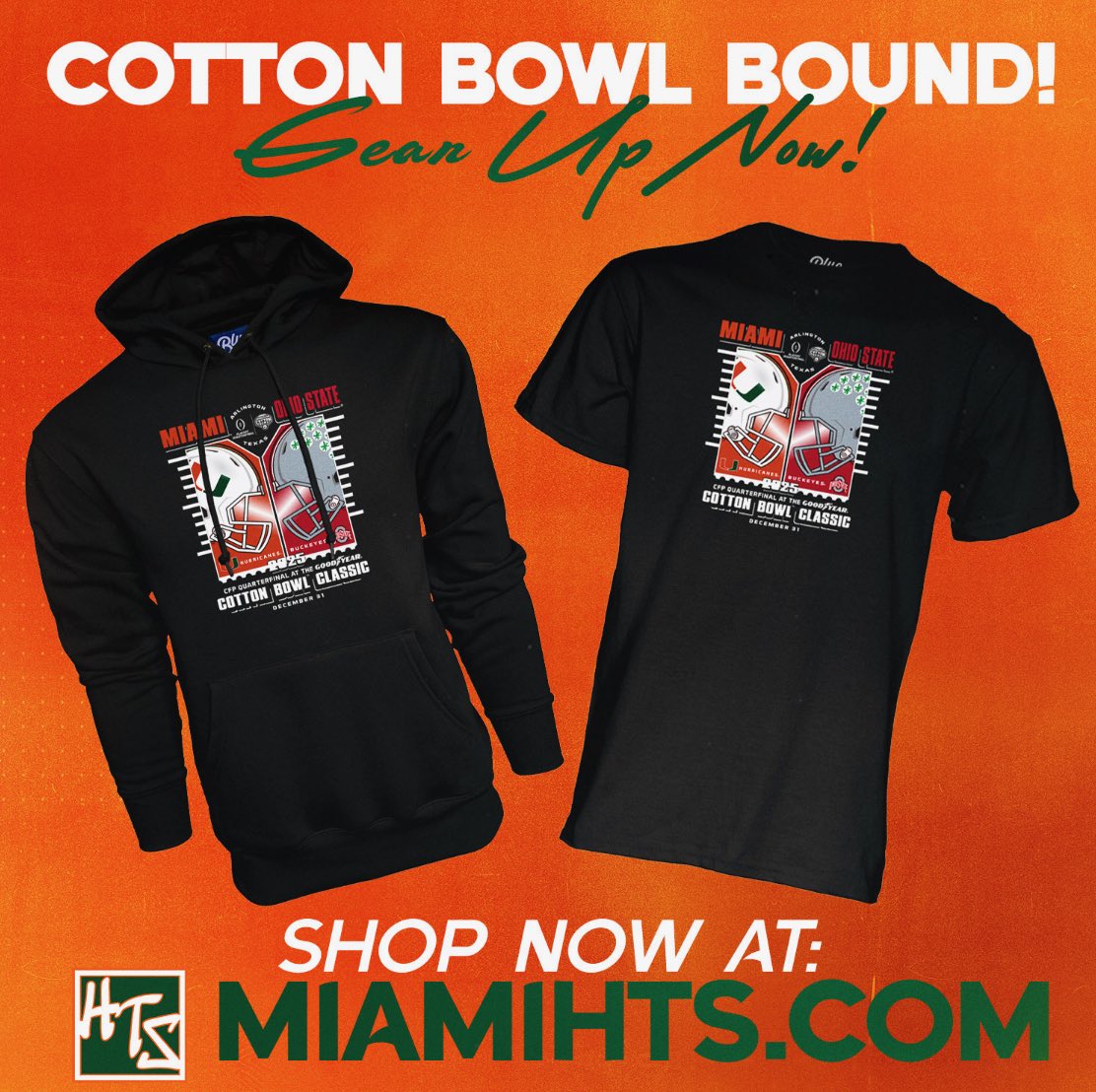 CanesConnection's tweet image. Cotton Bowl bound, Miami fans! 🏈🔥 Gear up now from @MiamiHTS and rep in style — pre-order the Cotton Bowl collection online or in-store today!
miamihts.com/collections/cf…