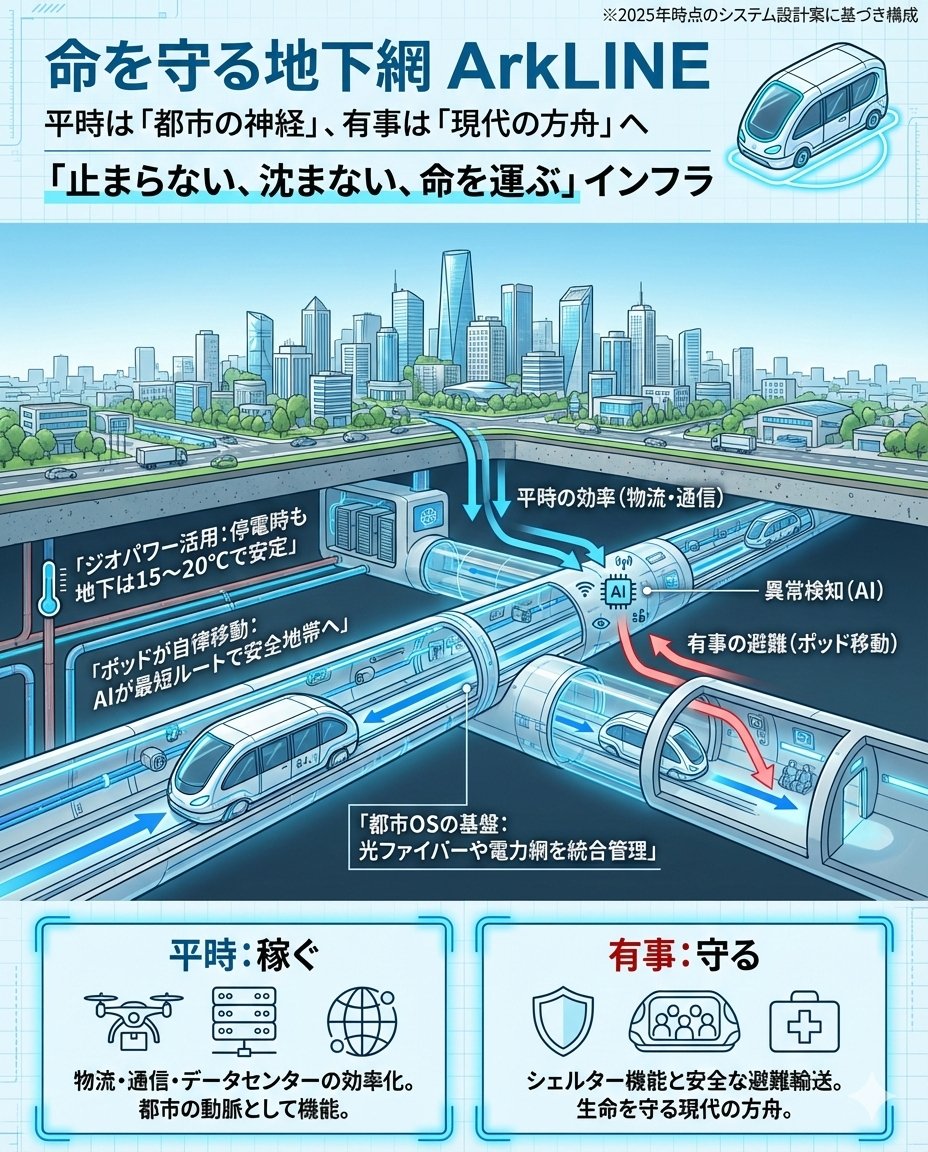 hopeget2's tweet image. 「地下に命を救うラインを。」
次世代インフラArkLINEの構想を図解しました。
平時は物流・通信を担う「都市OS」、有事はAIが避難を支える「現代の方舟」に。
驚くのはその経済性。住民負担は月約200円、一方で37万人以上の雇用を生む「稼ぐインフラ」でもあります。