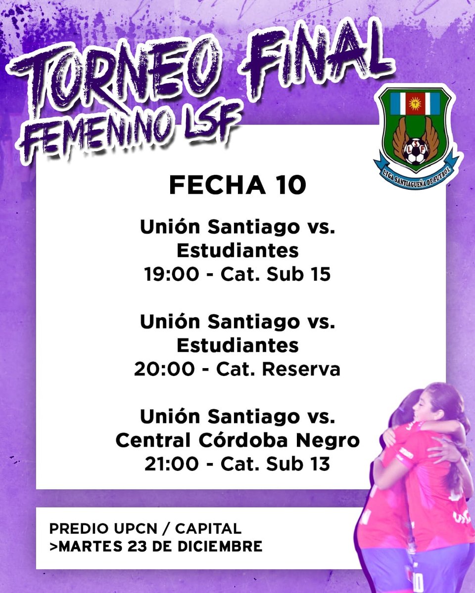 #FemeninoLSF  ⚽️🏃‍♀️ / MARTES DE FEMENINO

Hoy 23/12 sigue la disputa del Torneo Final Femenino con los encuentros de la Fecha 10 (última de la Fase Regular) que fueron pospuestos por las inclemencias del tiempo.

A continuación, la programación completa ⬇️