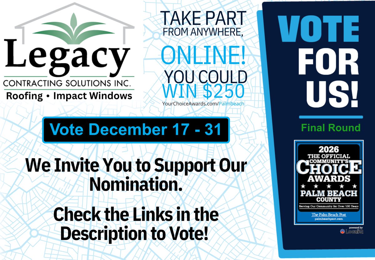 We Have Been Nominated for Best Roofing and Window Company in Palm Beach County
for the 3rd Year in a Row! We would love your support.

Vote here for Roofing:
consumers.secondstreetapp.com/og/96dcb472-3b…

Vote here for Windows:
consumers.secondstreetapp.com/og/96dcb472-3b…