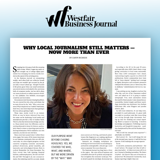 CoCommPR's tweet image. Co-Communications VP of Client Services Caryn McBride talks about the enduring relevance of local news – and her days in the newsroom – in a @westfaironline special report: tinyurl.com/2bksn7dz
