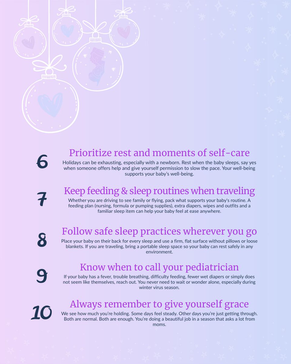 The holidays can be a lot when you have a baby. 💜 

We're 10 simple ways to help moms and babies stay healthy this season. 

You’re doing important work. Trust yourself. We’re with you.  

#NJMIHIA #MaternalHealth #HolidaySeason