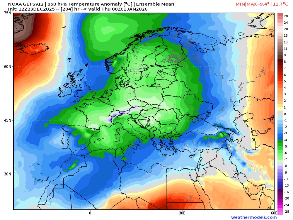 Very much looks like entirety of Europe will be heading into 2026 on a decidedly chilly note. 

We have to go back many years when we last saw something similarly cold &amp; widespread at this time of year. 

Arctic air masses expected - question is will the UK see a glance with