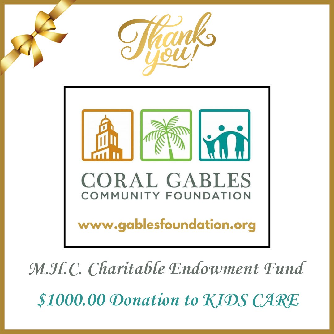 KIDSCARE2018's tweet photo. KIDS CARE would like to send a heartfelt THANK YOU to the Coral Gables Community Foundation for their recent generosity in support of our mission. Through their foundation, The M.H.C. Charitable Endowment Fund has donated $1,000.00 to KIDS CARE Nonprofit. 💝Thank you! #kidscare https://t.co/eNRljJXa0z