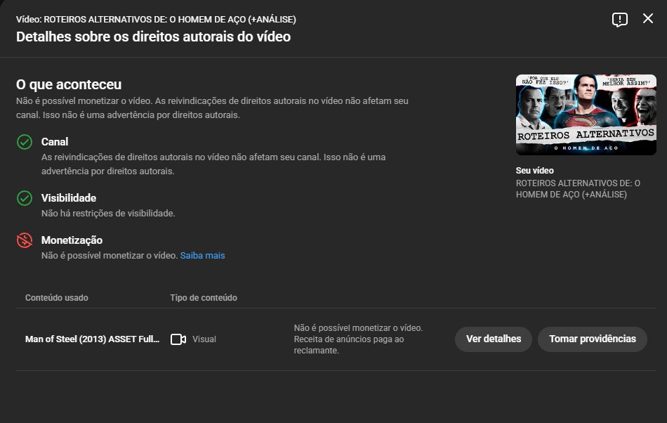 Eu reeditei esse vídeo umas 3 ou 4 vezes, horas de edição, horas de renderização e quando eu finalmente acho que consegui, no dia seguinte essa porra, dá copyright horas antes da estreia....
Cara, eu to cansado... vai assim mesmo e foda-se.
Youtube desgraçado do cão