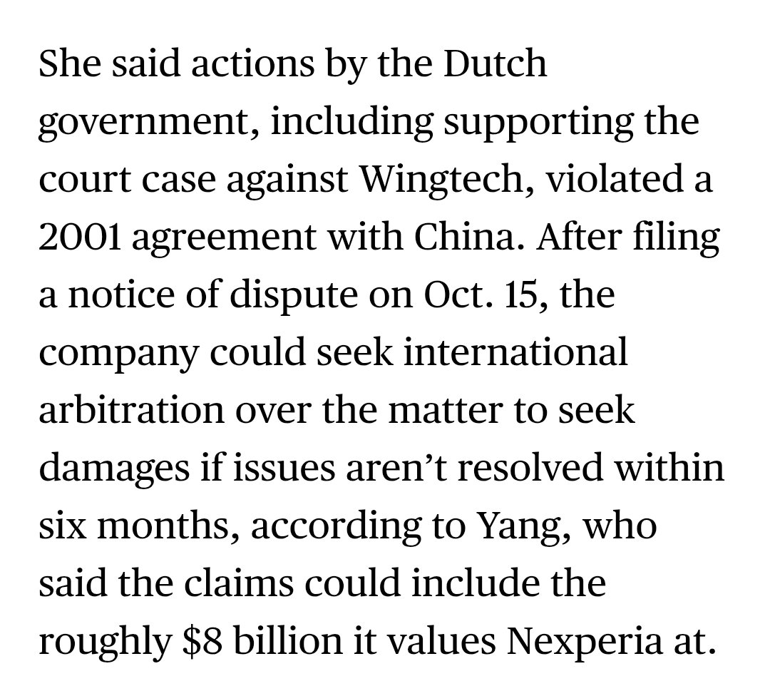 BJVerbeek's tweet photo. Wingtech liet al in oktober weten een #ISDS claim van maar liefst $8 miljard (!) tegen de Nederlandse Staat te overwegen, op basis van het bilaterale investeringsverdrag tussen China en Nederland, vanwege het ingrijpen bij #Nexperia.
#StopISDS
https://t.co/o8wm2cGAXd https://t.co/fTLWFWuTy8
