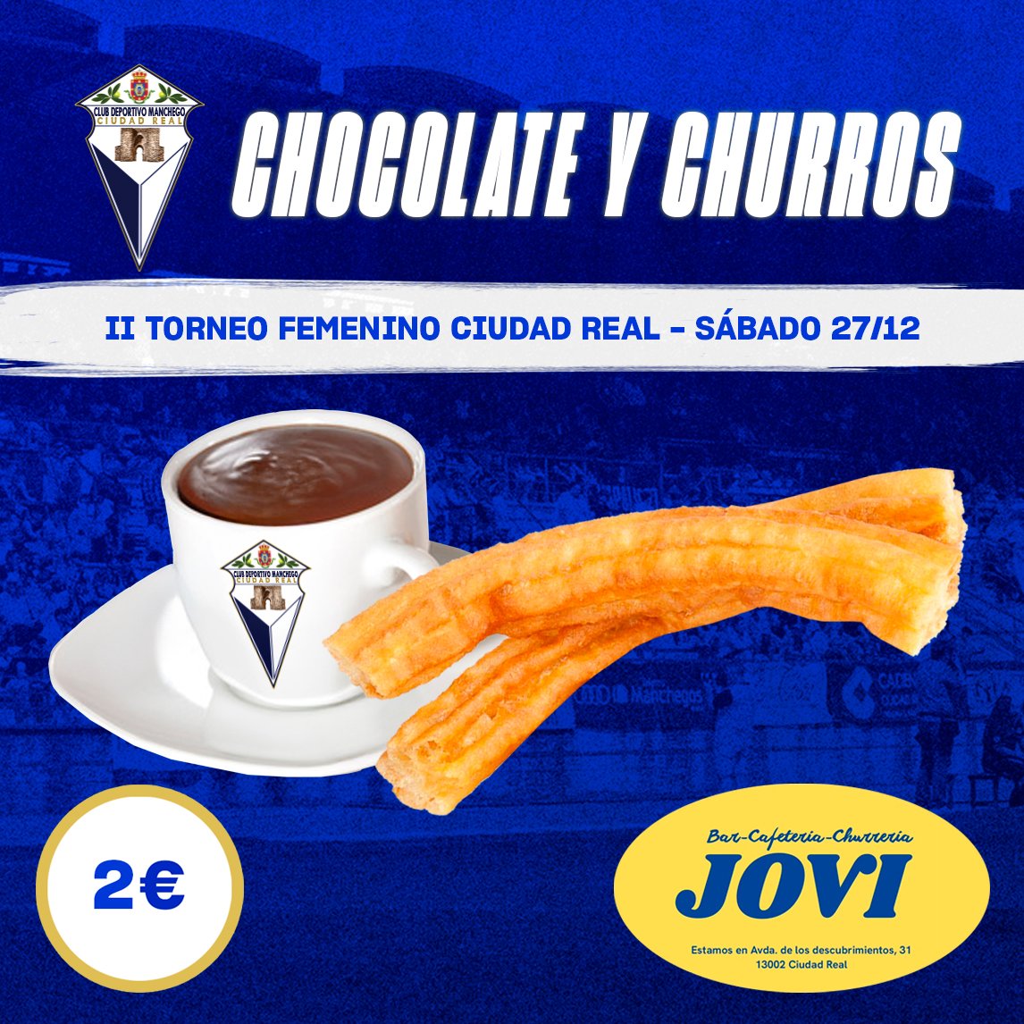 ⚽ El sábado tenemos una cita con el fútbol femenino en #CiudadReal. 

Te esperamos desde las 09:30h en CIUDAD SUR, compartiremos la mañana de fútbol con chocolate caliente y churros a tan solo 2€ proporcionados por CHURRERÍA JOVI churreriajovi.com

#AupaManchego 💙🤍