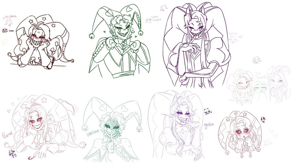 We are now into "The freak circus" me and my pookie friend <a href="/Nana_RedClover/">Nana Greens</a>.
So we made our version of the characters ! 
#thefreakcircus #thefreakcircuspierrot #thefreakcircusharlequin #thefreakcircusjester #pierrot #harlequin #jester #ourstyle #fanart
