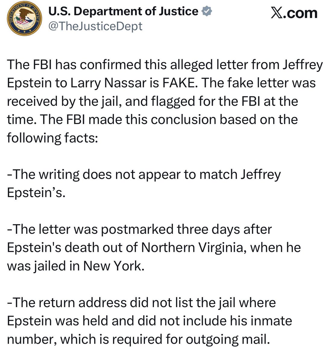 harryjsisson's tweet image. The DOJ has now concluded that the alleged Epstein letter to Larry Nassar is FAKE after conducting an investigation for… 2 hours. Why won’t they just release documents from the FBI at the time determining it was fake? They announce it with a TWEET and no proof???